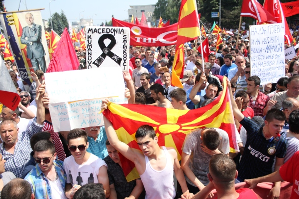 Skopje, Macedonia. 17th May 2015 -- Tens of thousands of protesters take to the streets of Macedonia's capital on Sunday, waving Macedonian and Albanian flags and calling for the government to resign. -- Tens of thousands of protesters took to the streets of Macedonia's capital on Sunday, waving Macedonian and Albanian flags in a dramatic display of ethnic unity and calling for the government to resign.