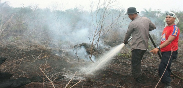 BENGKALIS, Indonesia - Firefighters spray water to put out a fire that has continued smoldering under peatland at an oil palm plantation in Bengkalis Regency, Riau, in Indonesia on June 26, 2013. Fires on Sumatra have caused haze not only in Indonesia but also in Singapore and Malaysia. (Kyodo) Photo via Newscom/kyodowc095142/0629005.jpg/1306291054